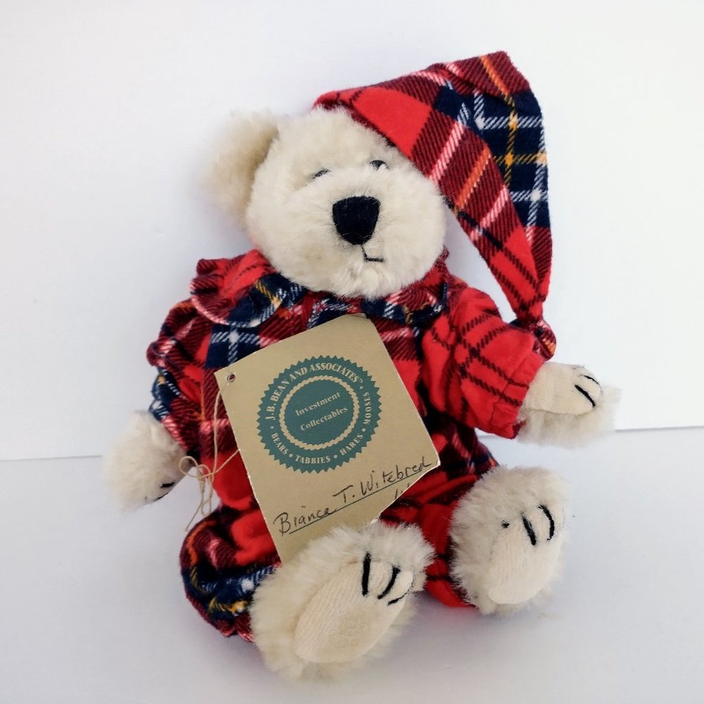 Boyds Bear Bianca T Witebred Red Plaid Pajamas and Stocking Cap 8" Plush Bear